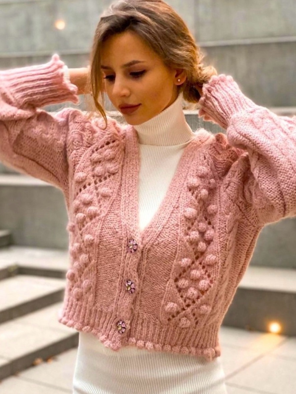 ZARA Jeweled Button Knit Cardigan Sweater Pink Alpaca Wool S Boho Preppy Soft - Picture 3 of 16